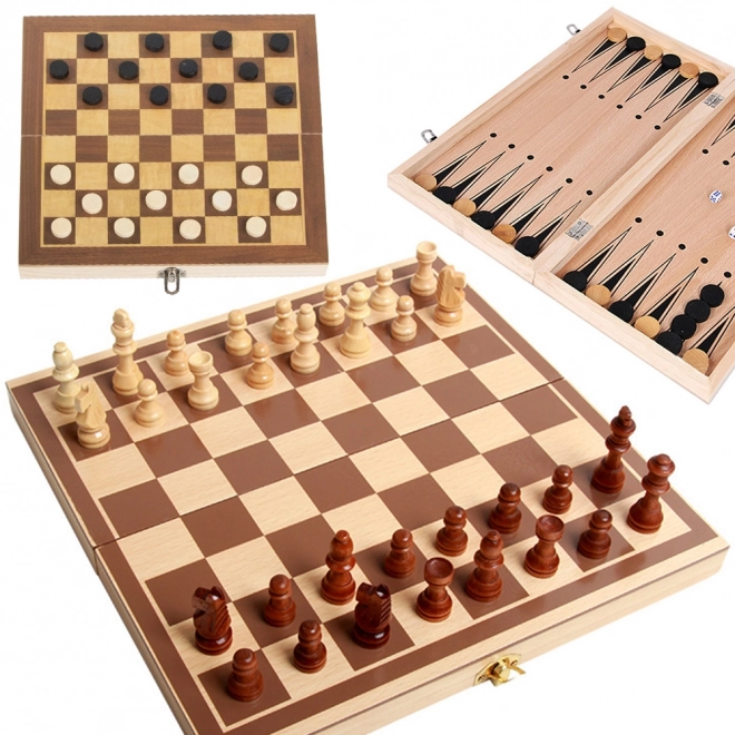 Træspil sæt 3i1: Skak, Dame og Backgammon