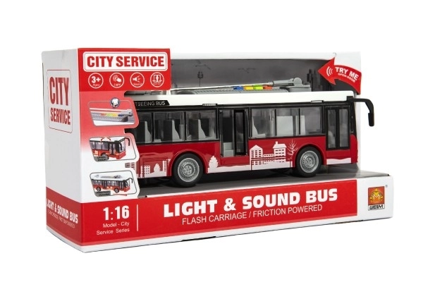 Bus/trolleybus plast 28cm med friktion på batteri med lys og lyd i kasse 32x17x11cm