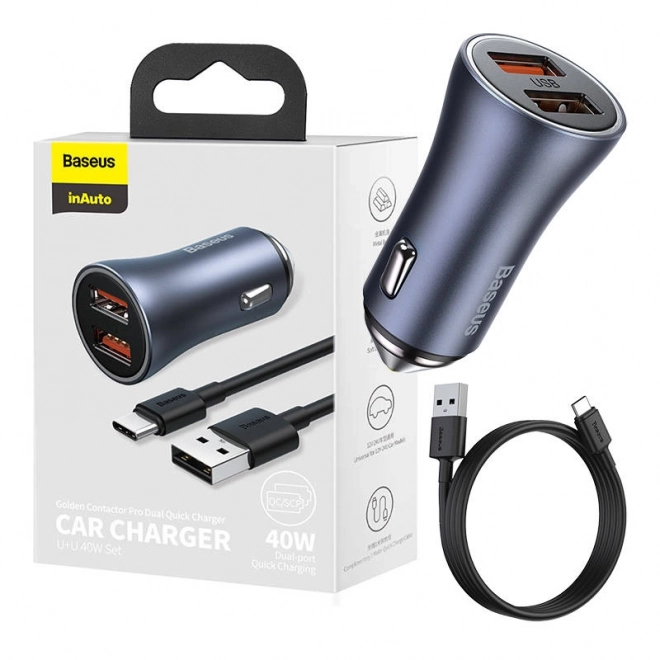 Baseus biloplader med dual USB og USB-C kabel