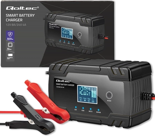intelligent batterioplader til bil 12v/24v med lcd og reparationsfunktion – qoltec