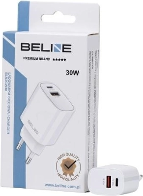 Vægoplader 30W GaN med USB-C og USB-A Beline – Hvid