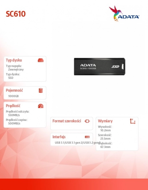 Ekstern SSD disk ADATA SC610 1000GB USB3.2 Gen2 sort