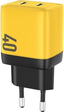 Vægoplader 2x USB-C Super Fast Charger GaN 40W gul