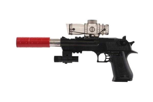 Pistol plast/metal 33cm til vandkugler + patroner 9-11mm på batteri med lys i æsken 34x13x4cm