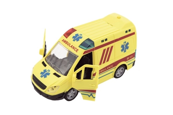 Auto ambulance plast 20cm med inertimotor på batterier med lyd og lys i en boks 26x15x12cm
