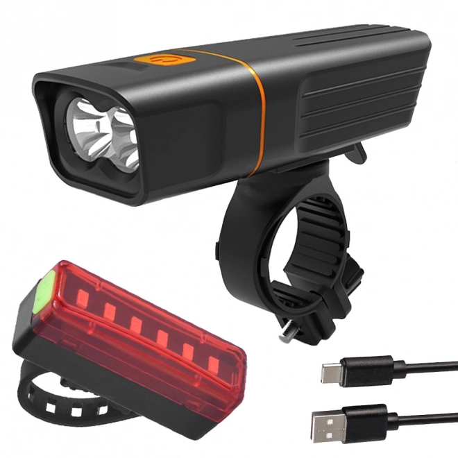 Sæt med for- og baglys til cykel med USB-opladning