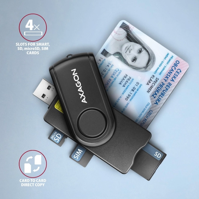 Lommekortlæser AXAGON til ID, SD, microSD og SIM-kort med USB