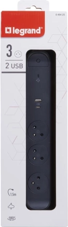 forlænger overspændingsfordeler 3 stik med USB A/C, 1,5 m, sort