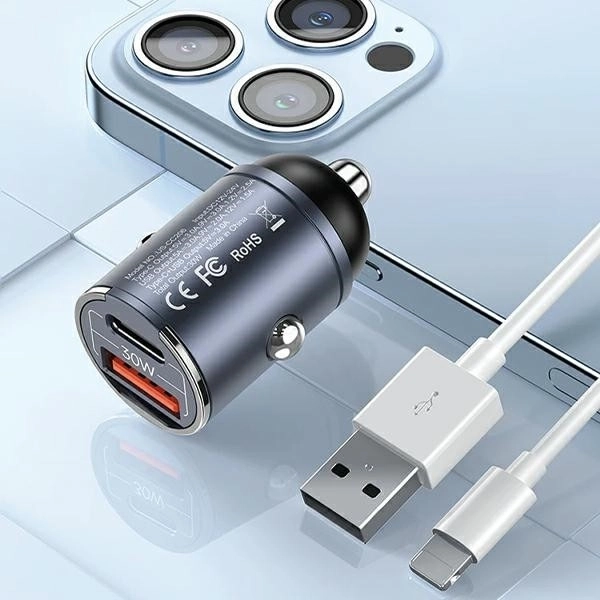 Biloplader 30W 1xUSB+1xUSB-C Hurtig Opladning