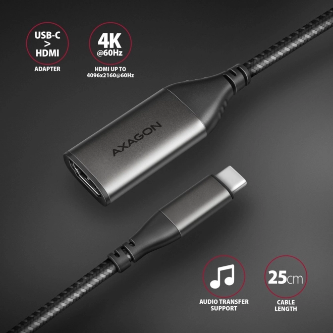 Adapter USB-C til HDMI 4K/60Hz aluminiums, 25 cm kabel