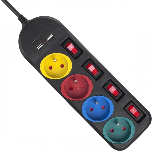 Strømskinne med afbrydere 4 stik + 2xUSB forlængerledning MCE229B sort