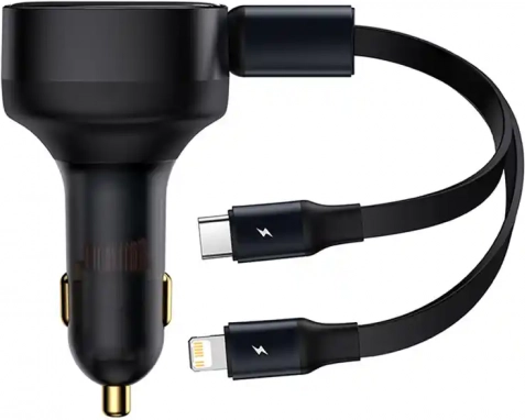 Baseus Enjoyment biloplader med integrerede USB‑C- og Lightning‑kabler, 30 W