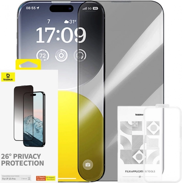 Hærdet glas til iPhone 15 Pro med privatlivsbeskyttelse Baseus Diamond