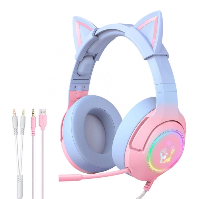 Gaming-headset lyserød-blå med katteører