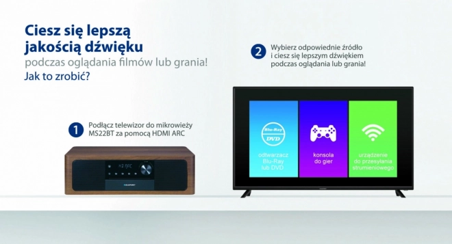 Mikrofon alt-i-en Bluetooth, HDMI ARC, optisk indgang CD/MP3/USB/AUX Ur/Alarm