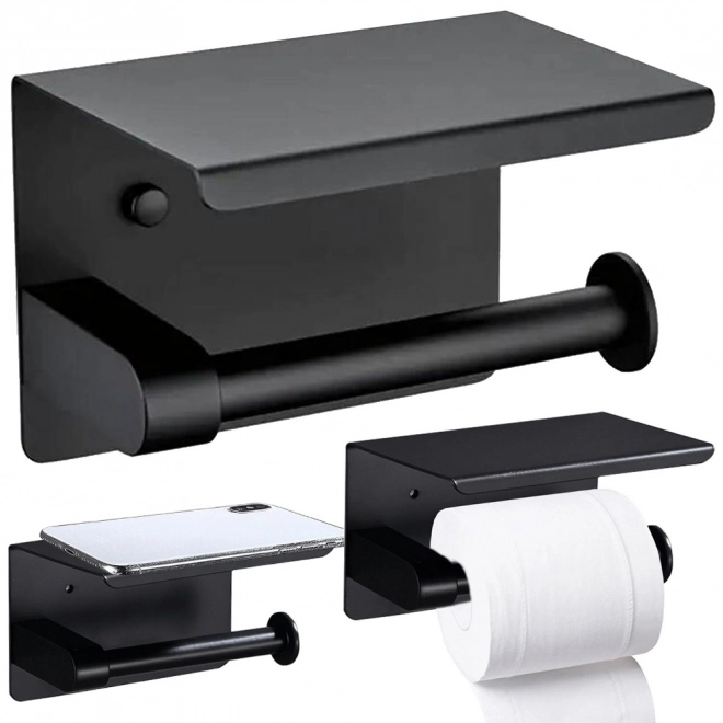 Stål toiletpapirholder med hylde til telefon sort