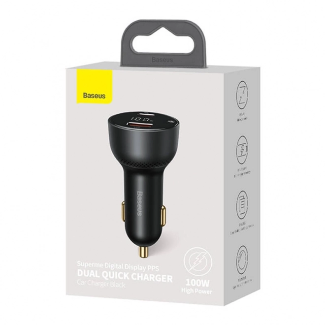 Hurtigoplader til bil Baseus USB og USB-C 100W sort