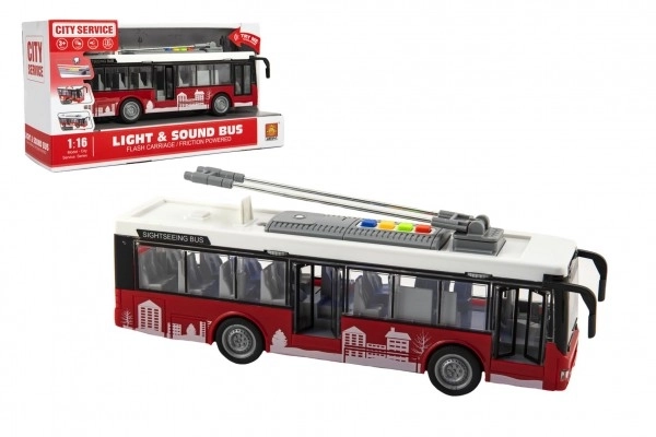 Bus/trolleybus plast 28cm med friktion på batteri med lys og lyd i kasse 32x17x11cm