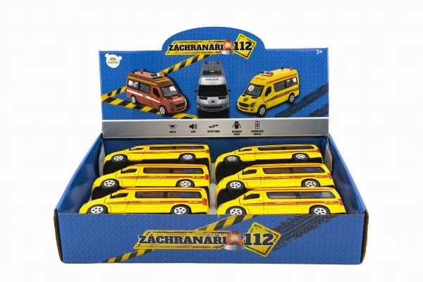 Auto ambulance metal/plast 15cm med batteri, med lys og lyd på tilbagespoling 6stk i boks