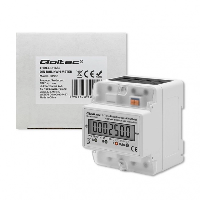 Trefase elektronisk elmåler | DIN skinne | 400V | LCD | 4P