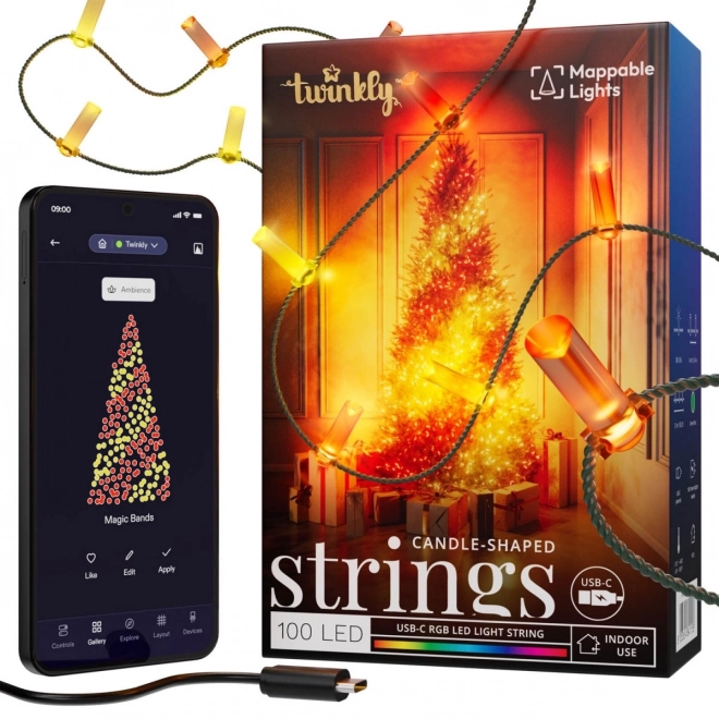 Kæder af smarte dekorative lys USB-C (Candies) 100 LED RGB, stearinlys, grøn ledning, 6 m