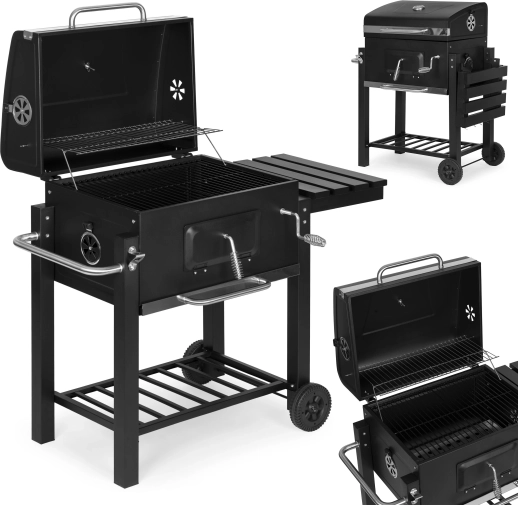 stor havegrill til trækul med låg, termometer og hylder