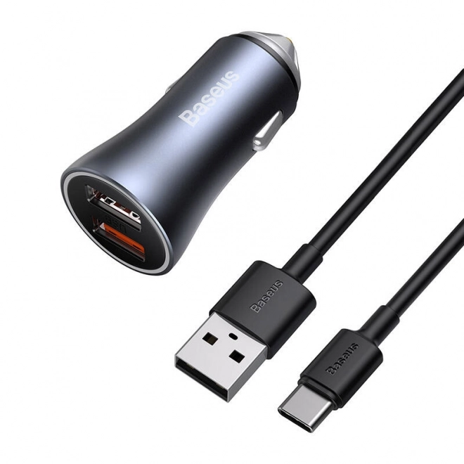 Baseus biloplader med dual USB og USB-C kabel