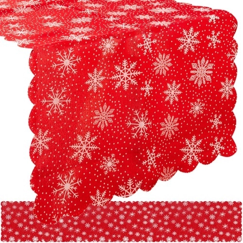 Langt rødt juledug med hvide snefnug 220 x 35 cm