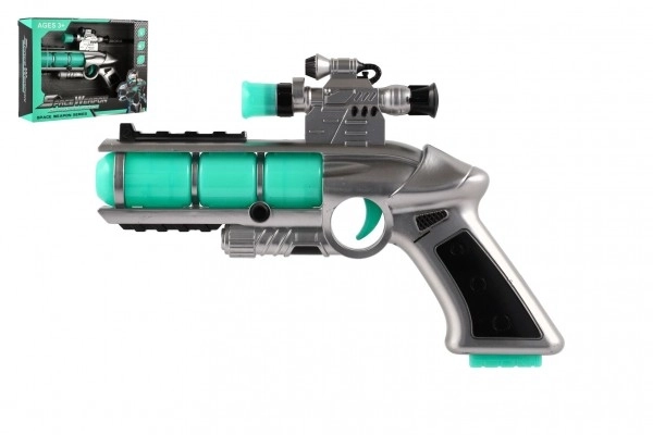 Pistol med sigte plast 20cm på batterier med lyd og lys i æske