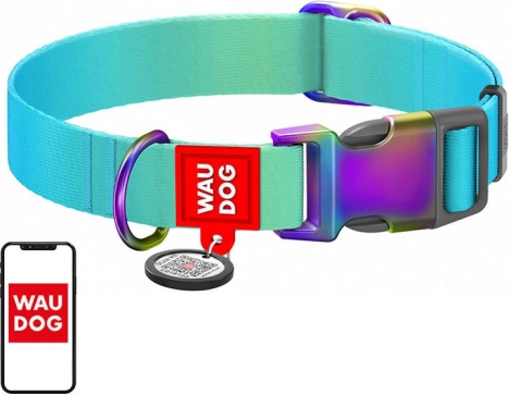 Nylonhalsbånd til hunde med QR‑kode WAUDOG gradient, blå, størrelse M