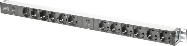 PDU strømskinne 19" RACK, 12x Schuko-stik, 2x 2 m Unischuko-stikprop, 16A, overbelastningsbeskyttelse, aluminiumsprofil