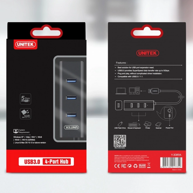 Hub 4x USB 3.0 med BC1.2 support, sort