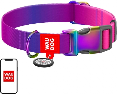Nylonhalsbånd til hunde med QR-kode WAU DOG gradient, lilla, størrelse L