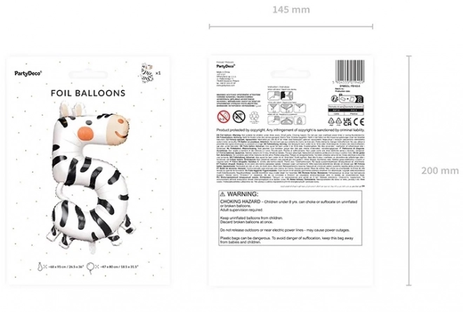 Folie fødselsdagsballon nummer 5 - Zebra 68 x 98 cm