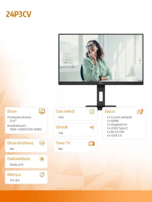 Monitor AOC 24P3CV 23,8" IPS med HDMI, DP, USB-C og Pivot