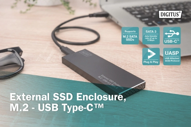 Ekstern USB Type C kabinet til M.2 SSD SATA III, aluminium
