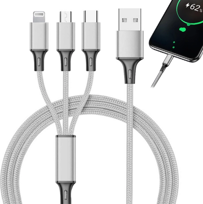 Universal 3-i-1 opladerkabel med Lightning-, Micro USB- og USB‑C-stik 1,2 m – Sølvfarvet