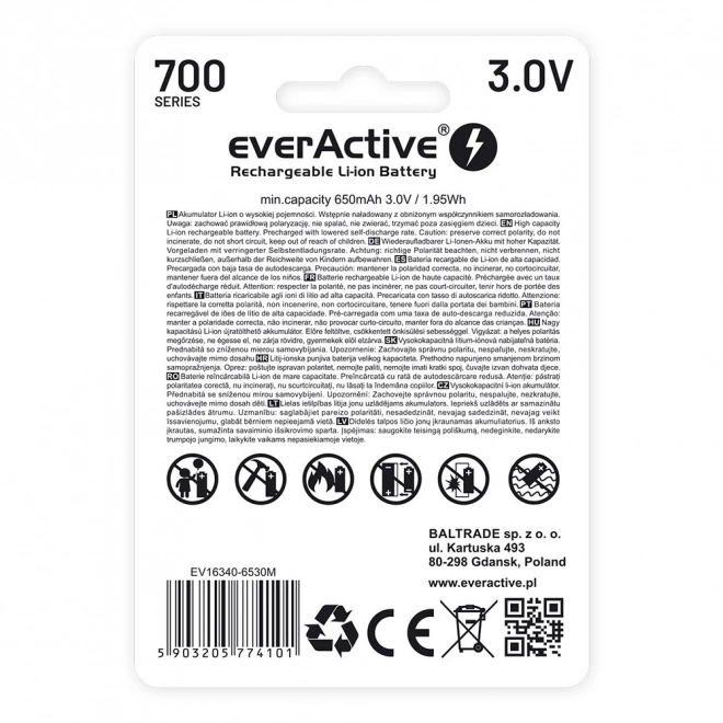Genopladeligt batteri EverActive 16340 700 mAh med micro USB
