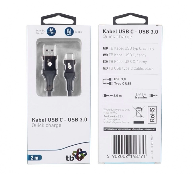 USB kabel USB 3.0 - USB-C 2m Premium 3A sort