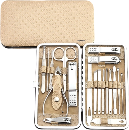 Manicure- og pedicuresæt i etui, beige, 20 dele
