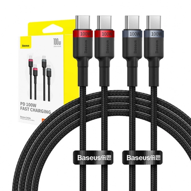 Baseus Cafule USB-C til USB-C 100W kabel, 2m, 2 stk (rød-sort, grå-sort).