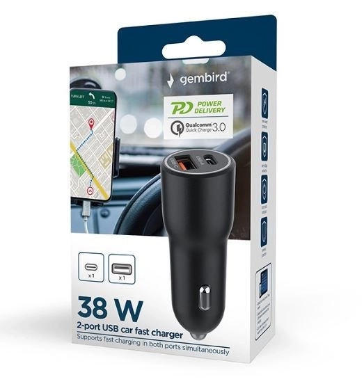 Hurtig sort USB-A/USB-C biloplader 38W PD