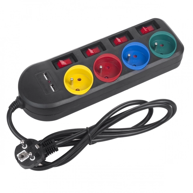Strømskinne med afbrydere 4 stik + 2xUSB forlængerledning MCE229B sort