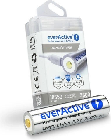 Genopladeligt 18650-batteri 3,7 V Li‑ion 2600 mAh med micro USB EVERACTIVE