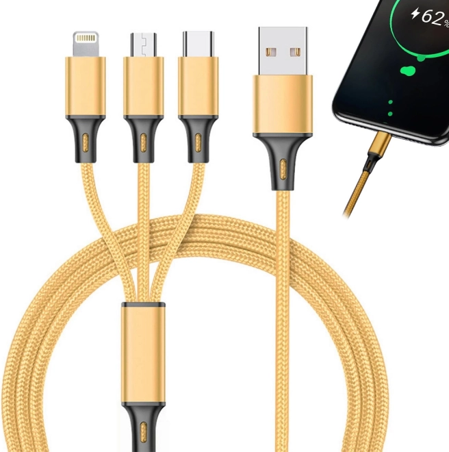 Universal 3-i-1 opladerkabel med Lightning-, Micro USB- og USB‑C-stik 1,2 m – Guld