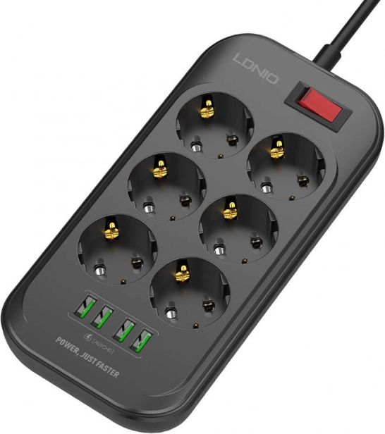 Strømstikdåse LDNIO med 6 stikkontakter og 4 USB-porte, 2m sort