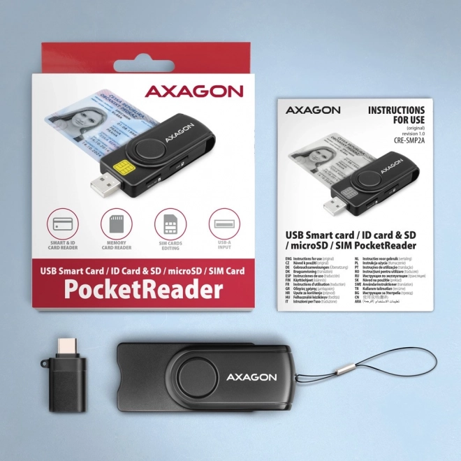 Lommekortlæser AXAGON til ID, SD, microSD og SIM-kort med USB
