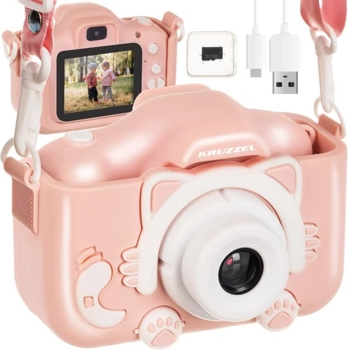 KRUZZEL digitalt kamera til børn med Full HD, selfie og spil – Rosa