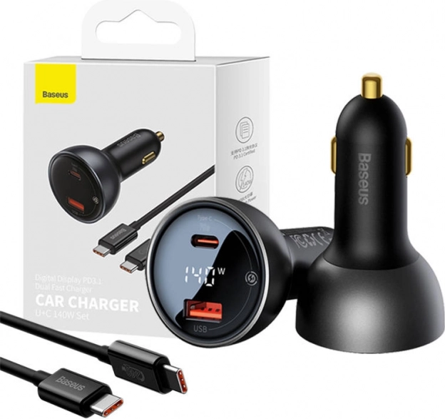 Baseus Superme biloplader med display, USB‑C + USB, 140 W, sort