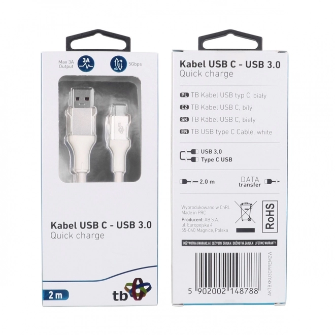 Hvid USB 3.0 - USB C kabel 2m PREMIUM 3A TPE